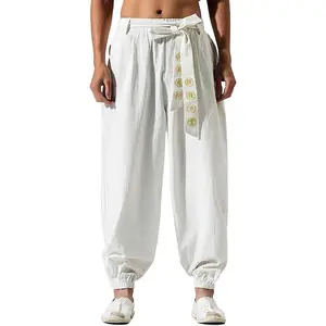Men Chinese Style Kung Fu Pants Tai Chi Loose Trousers Linen Casual Retro Wide Leg