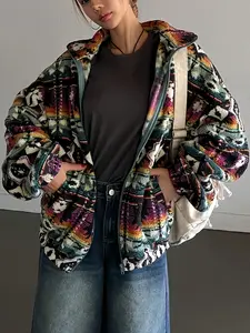 Women's Ethnic Style Plush Zipper Jacket, Warm Casual Outerwear Coat, Soft Fleece Lining, Fall & Winter Fashion