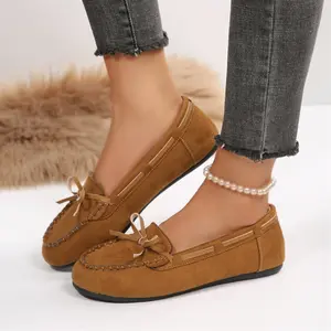 Women's Suede Bow Loafers Warm Plush Lined Slip-On Comfort Winter Indoor Outdoor Shoes