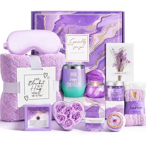 Birthday Gifts for Women, Self Care Gifts Christmas Box Get Well Soon Basket, Lavender Relaxing  Gifts Care Package w/ Flannel Blanket,  Mothers Day  Idea for Mom Her  Sister Purple
