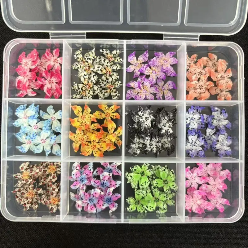 12-Color 3D Flower Nail Art Accessories Box, Anti-Allergy Handcrafted Decorations, Luxurious Nail Design Essentials, Nail Charms, Nail Art Supplies, Nail Art Products