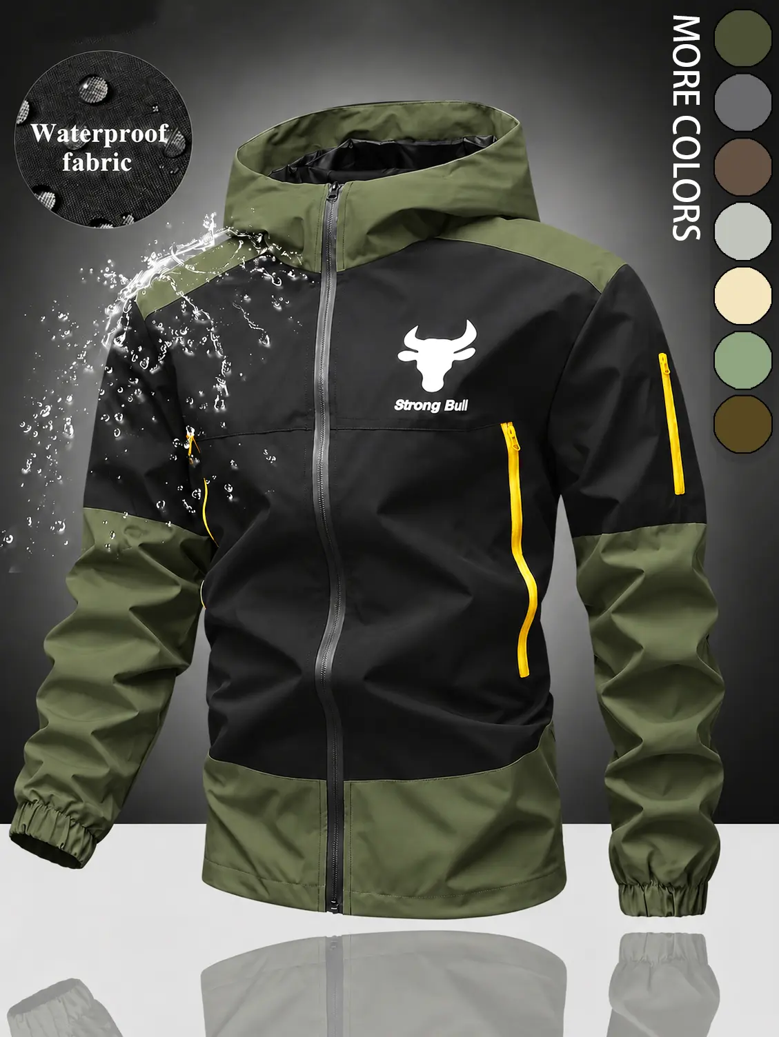 Men's Waterproof Hiking Jacket Color Block Bull Graphic Hooded Windbreaker, Lightweight Outdoor Rain Coat with Zip Pockets, Breathable Windproof Shell for Camping, Trekking, Travel, Running, Casual Streetwear, All-Weather Outdoor Gear for Fall Winter