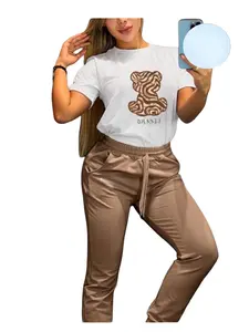 Women's Sportswear Set with Bear Print - White T-Shirt & Satin Pants Two-Piece Outfit for Comfortable Wear - Bottoms, Womenswear