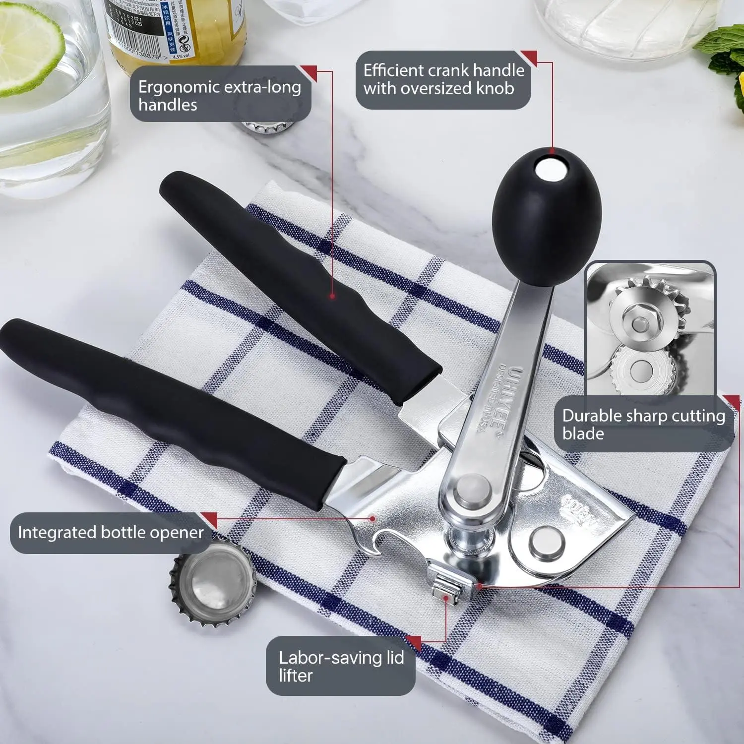 Manual Hand Crank Can Opener | Heavy-Duty Can Opener with Extra-Long Handles & Oversized Knob | Handheld Kitchen Can Opener | Black