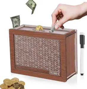 10000 Savings Challenge Box,Cash Vault Wooden Savings Box,kakeibo Money Box,Wooden Bank Coin Bank with Counting Target,The Best Gift for Boys, Girls, and Friends (Light Brown)