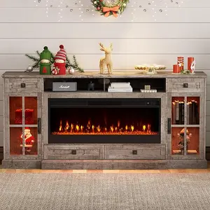 VanAcc Farmhouse Fireplace TV Stand for TVs up to 80", 70 Inch Large TV Stand with Lighting Glass Door Cabinets/Drawers/Adjustable Shelves, Entertainment Center with 43" Electric Fireplace