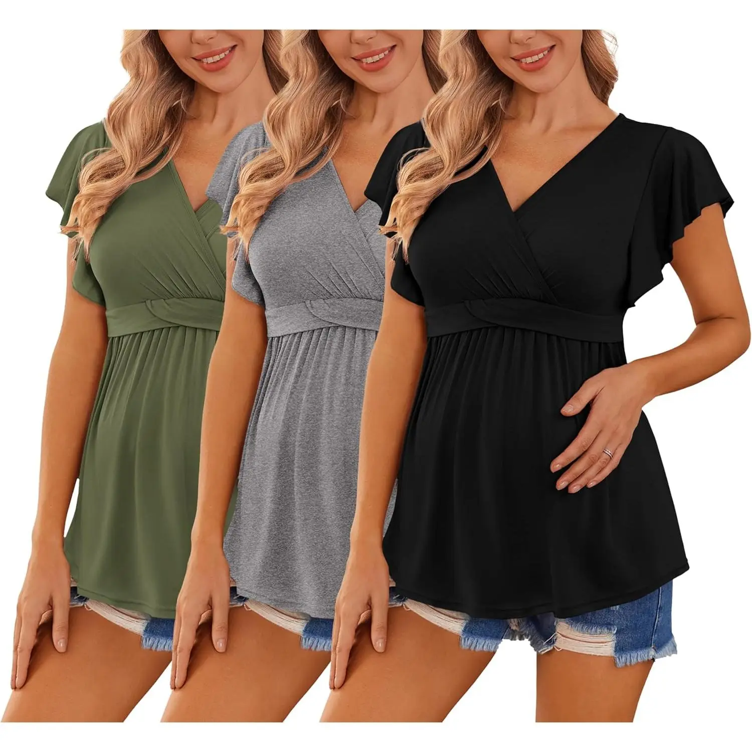 3 Pack Maternity Nursing Blouse with Flutter Sleeves Short Sleeve for Pregnant & Postpartum Moms Breathable Skin-friendly Elastic Soft Pregnant Shirt for Maternity Pregnancy Lactation