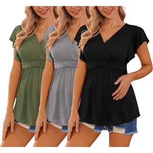 3 Pack Maternity Nursing Blouse with Flutter Sleeves Short Sleeve for Pregnant & Postpartum Moms Breathable Skin-friendly Elastic Soft Pregnant Shirt for Maternity Pregnancy Lactation