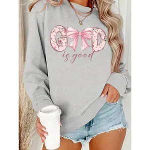 Women'sBow&LetterPrintCrewNeckSweatshirt,CasualLongSleevePulloverforFall&Winter,Women'sClothesforDailyWear