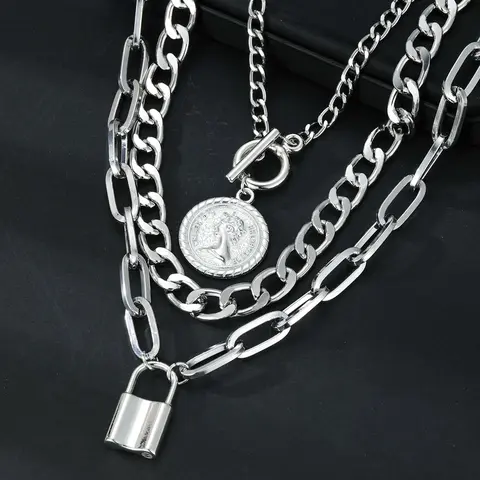 Three-Piece Fashion Zinc Alloy Chain Necklace Set, Hip-Hop Layered Collarbone Chains, Unisex Party Gift, Daily Wear Jewelry for Men and Women, Stackable Chains