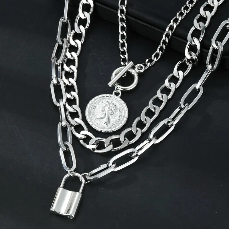 Three-Piece Fashion Zinc Alloy Chain Necklace Set, Hip-Hop Layered Collarbone Chains, Unisex Party Gift, Daily Wear Jewelry for Men and Women, Stackable Chains