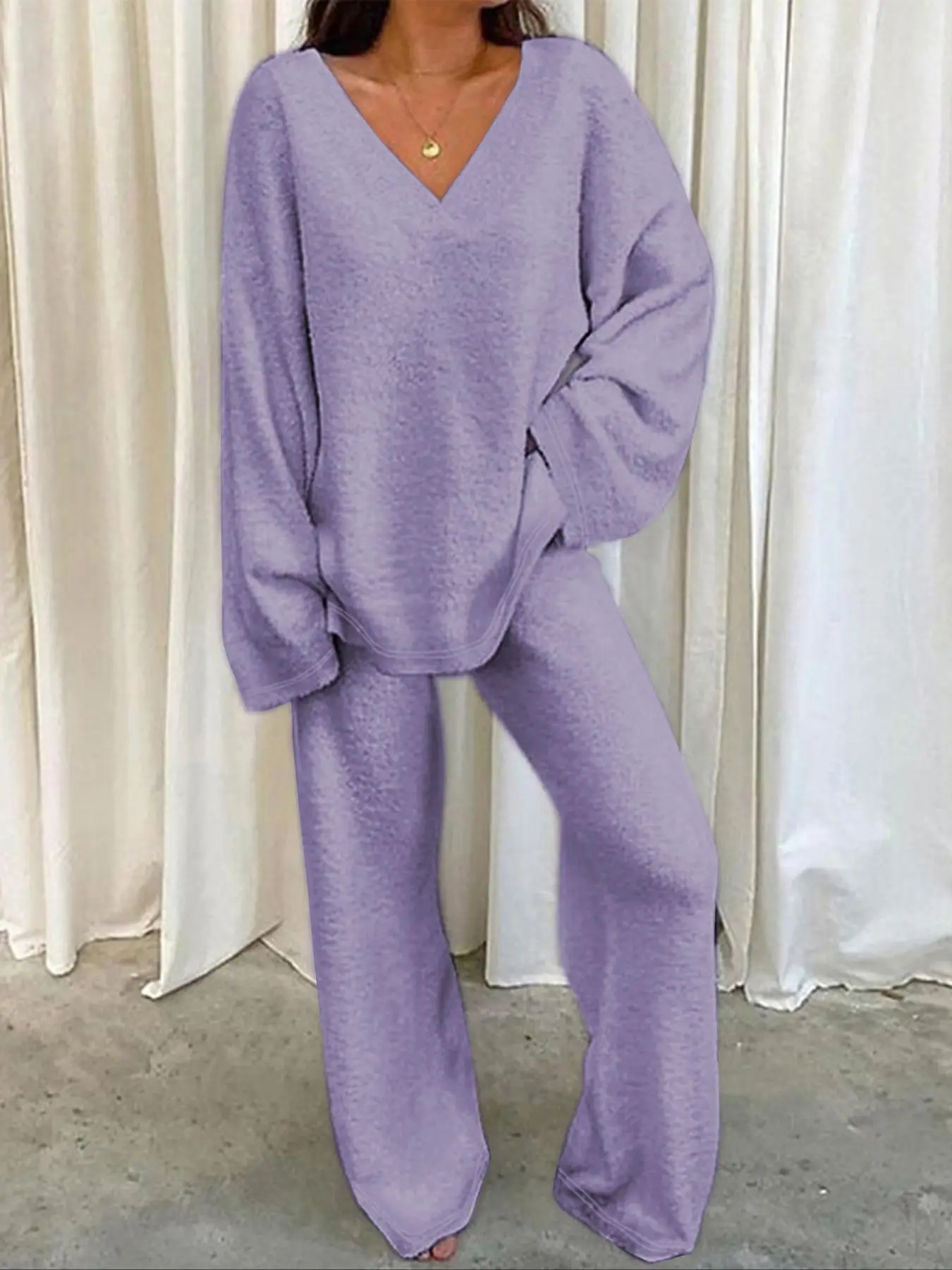 Women's Solid Color Drop Shoulder V Neck Sleep Top & Pants Plush Pyjama Two-piece Set, Fluffy Pajamas, Casual Comfy Long Sleeve Top & Trousers Pj Set,