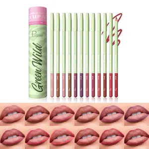 Pudaier Green Wild Lip Liner Pencil Kit | Precise lip liner, creamy pigmented 12 colors, water-proof and smudge proof, perfect lip shape Daily Lip Makeup
