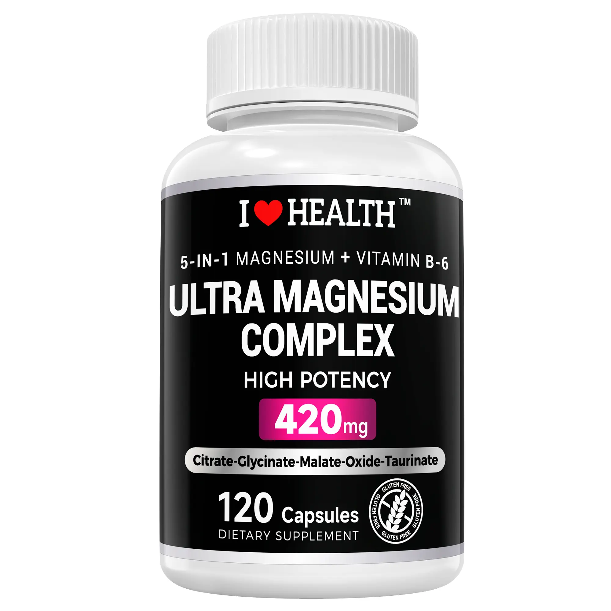 I Love Health 5-in-1 Magnesium Complex + Vitamin B6 Supplement - 420MG - High Absorption Magnesium Supplement for Sleep, Nerves, Muscles, Bones, 120 Capsules