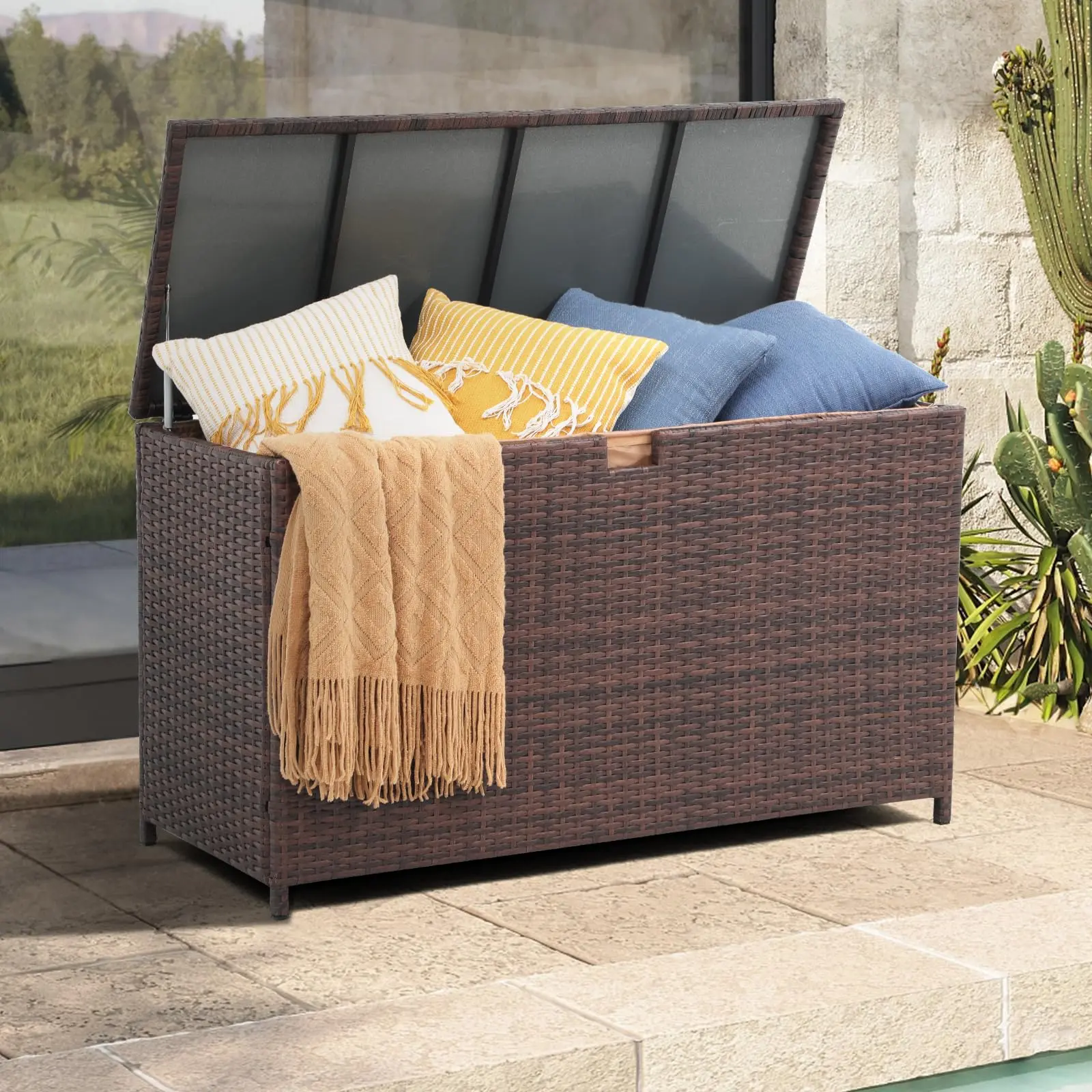 120 Gal Brown Wicker Outdoor Storage Box with Waterproof Liner, All-Weather Rattan Organizer for Outdoor Cushions, Pillows, Towels