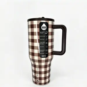 HydroJug Style 40oz Insulated Tumbler with Brown Handle & Straw Lid - Classic Brown & White Gingham Print Stainless Steel Cup, Keeps Drinks Cold 24+ Hours, Cupholder Friendly, BPA-Free for Fall, Travel & Daily Use