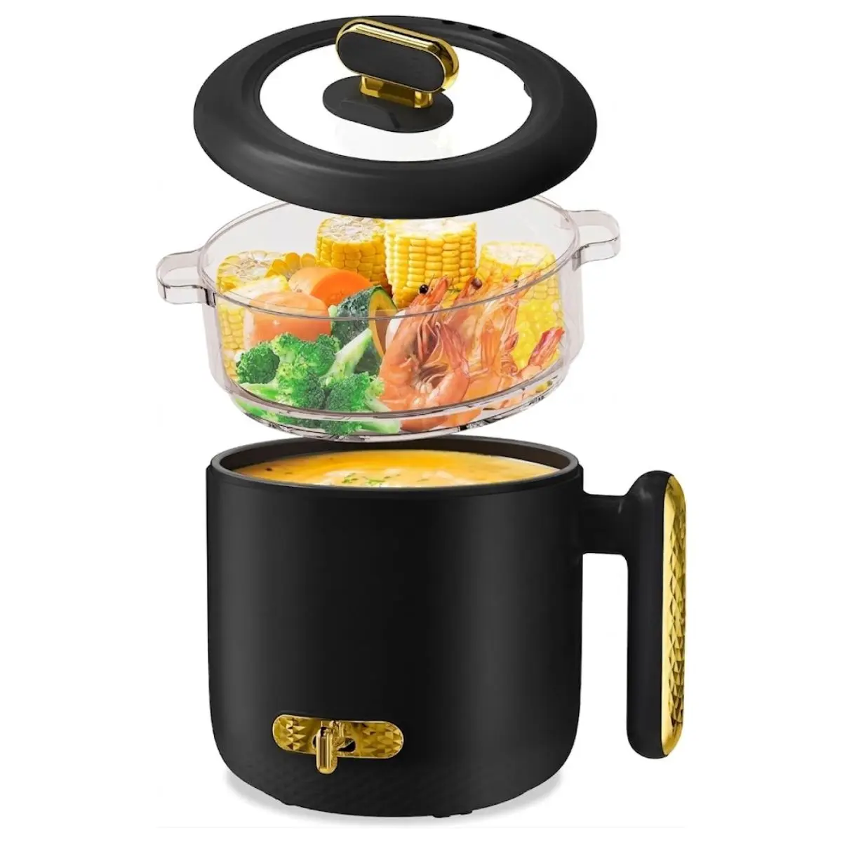 1.8L Black Electric Hot Pot with Steamer - 6.7" Diameter, 600W, Compact Lightweight Portable Ramen Cooker, Multifunctional with Power Adjustment, Boil-Dry Protection, Phone Stand Compatible, Steams Food, Easy to Clean, Dorm Room Essential