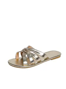Women Gold Rhinestone Flat Sandals – Strappy Open Toe Beach Sandals, Metallic Crystal Embellished Summer Vacation Slip On Casual Sandals