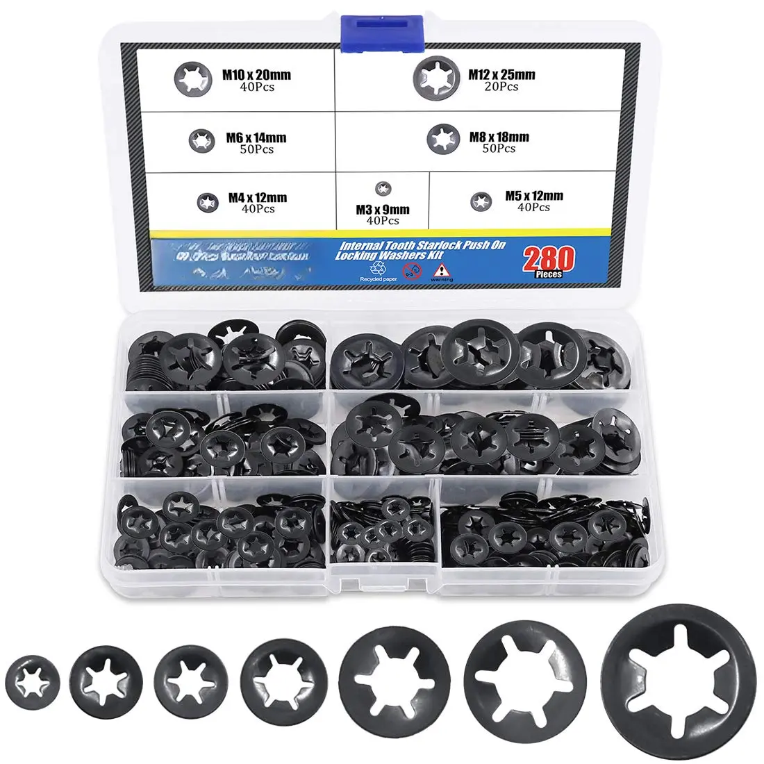 280-Count Internal Starlock Push-On Locking Washers Speed Clips Fasteners Assortment Kit, 65mn Steel Machinery Equipment Parts, 7 Sizes (M3, M4, M5, M6, M8, M10, M12), Applies to Different Sizes, Creates More Friction