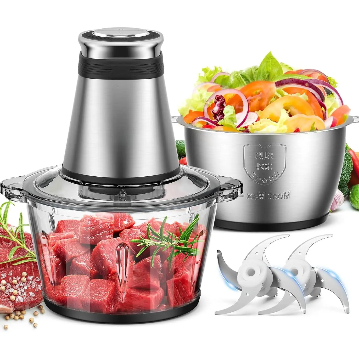 500W Multifunctional Food Processor Set - Small Household Kitchen Appliances with 2x8-Cup Bowls, 2 S-Shaped Bi-Level Blades, 2 Speed+Pulse, 2*Base-Ring, Rubber Rings, Lid for Meat, Nuts (Kitchen Supplies)