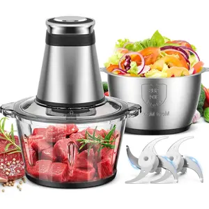 Processor, 500W Electric   with 2 Bowls (8 Cup+8 Cup) & 2 Bi-Level &, Small Electric  Meat Processor for Nuts, Meat, Onion, Garlic,  , Black