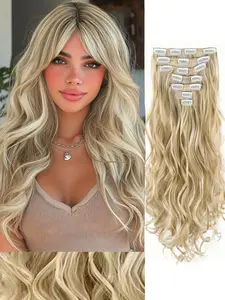Women's Clip-In Hair Extensions Set, Wavy Synthetic Hairpiece, 22 Inch Layered Soft Lightweight Curly Wave Highlights, Heat Resistant Fiber, Perfect Style