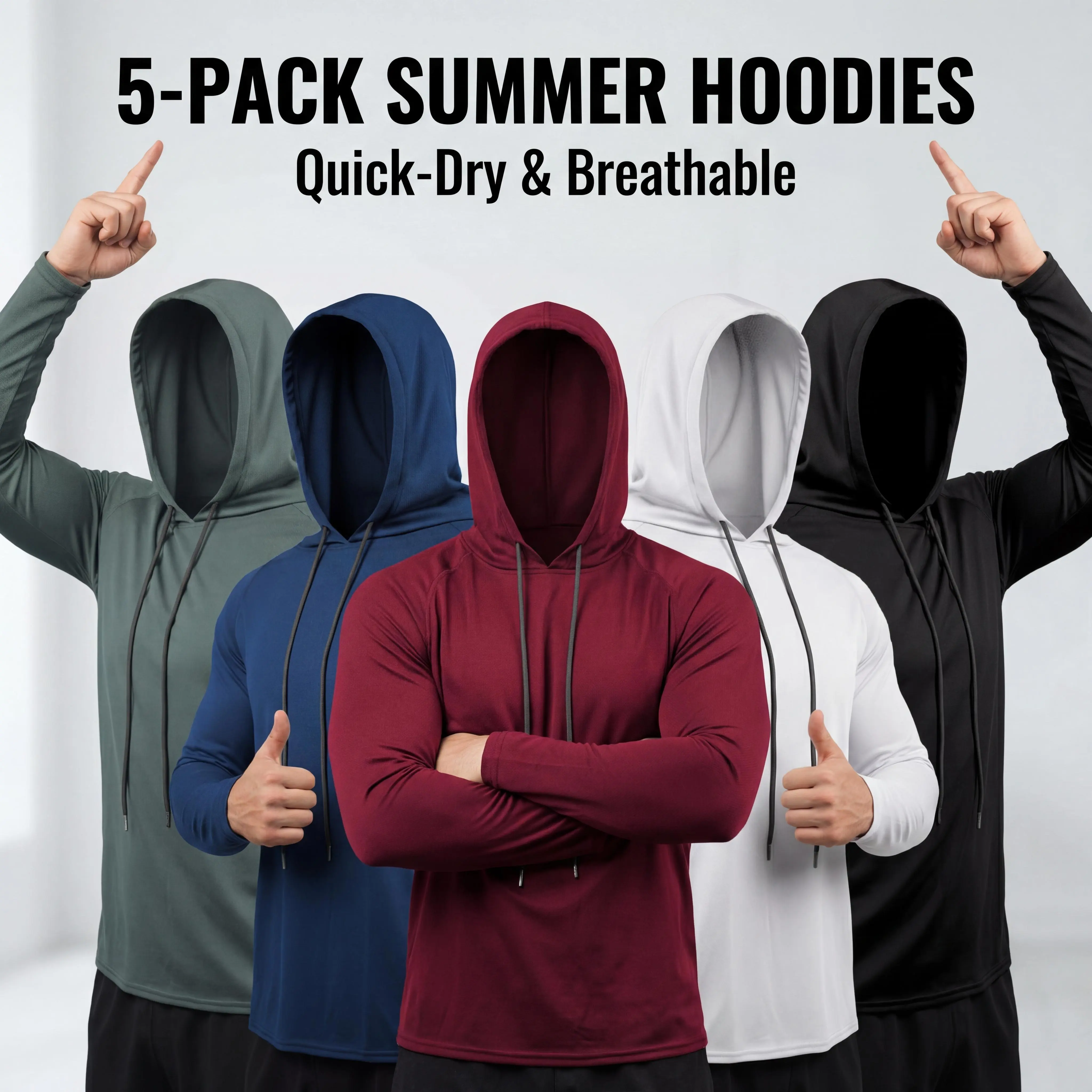 5 Pack Men's Lightweight Rash Guards Long Sleeve Athletic Hoodies SPF Sun Protection Outdoor Sports Fitness Shirts