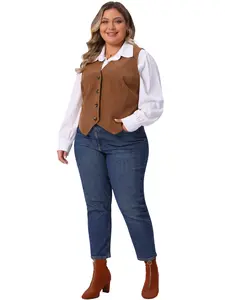 Agnes Orinda Women's Plus Size Corduroy Suit Vest Lined Waistcoat Blazer V Neck Sleeveless Vest Jacket Outerwear