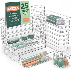 25 PCS Clear Plastic Drawer Organizer Set, 4 Sizes Desk Drawer Divider Organizers and Storage Bins for Makeup, Jewelry, Gadgets for Kitchen, Bedroom, Bathroom, Office Boxes Transparent