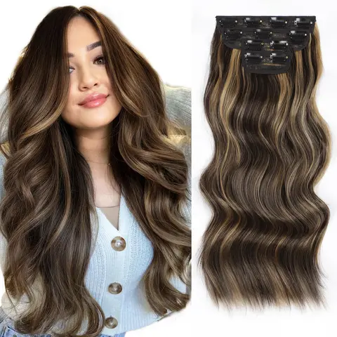 Vigorous Female Long Wavy Clip-In Hair Extensions - Synthetic Natural Blend, Soft, Tangle-Free, Easy-to-Wear, Adds Length, Instant Glam DIY Pieces, Daily Wear, Event Party