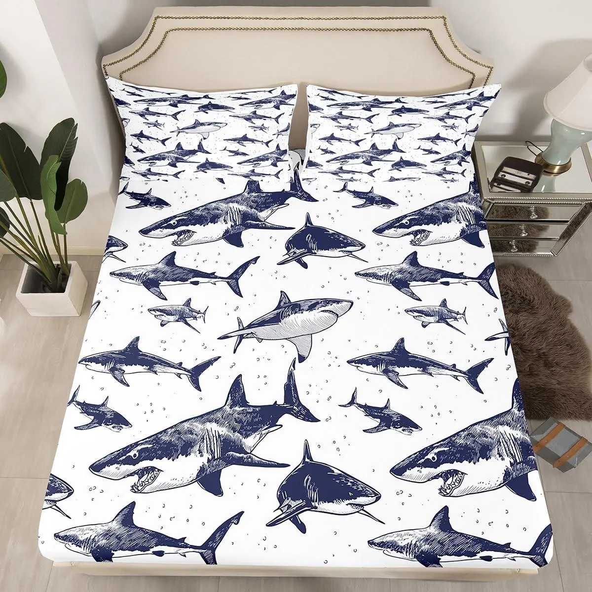 Shark Fitted Sheet Deep Pocket Ocean Life Bedding Set for Kids Boys Girls Children Underwater Word Sheet Set,Sea Animal Bed Cover Grey and White Home Decoration(No Top Sheet)