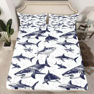 Shark Fitted Sheet Deep Pocket Ocean Life Bedding Set for Kids Boys Girls Children Underwater Word Sheet Set,Sea Animal Bed Cover Grey and White Home Decoration(No Top Sheet)