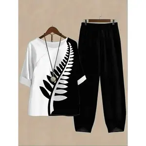 Fashionable round neck short sleeved fitted top and patch printed pants set, women's casual loose two-piece set, suitable for outdoor and indoor commutingRAIMENTRY