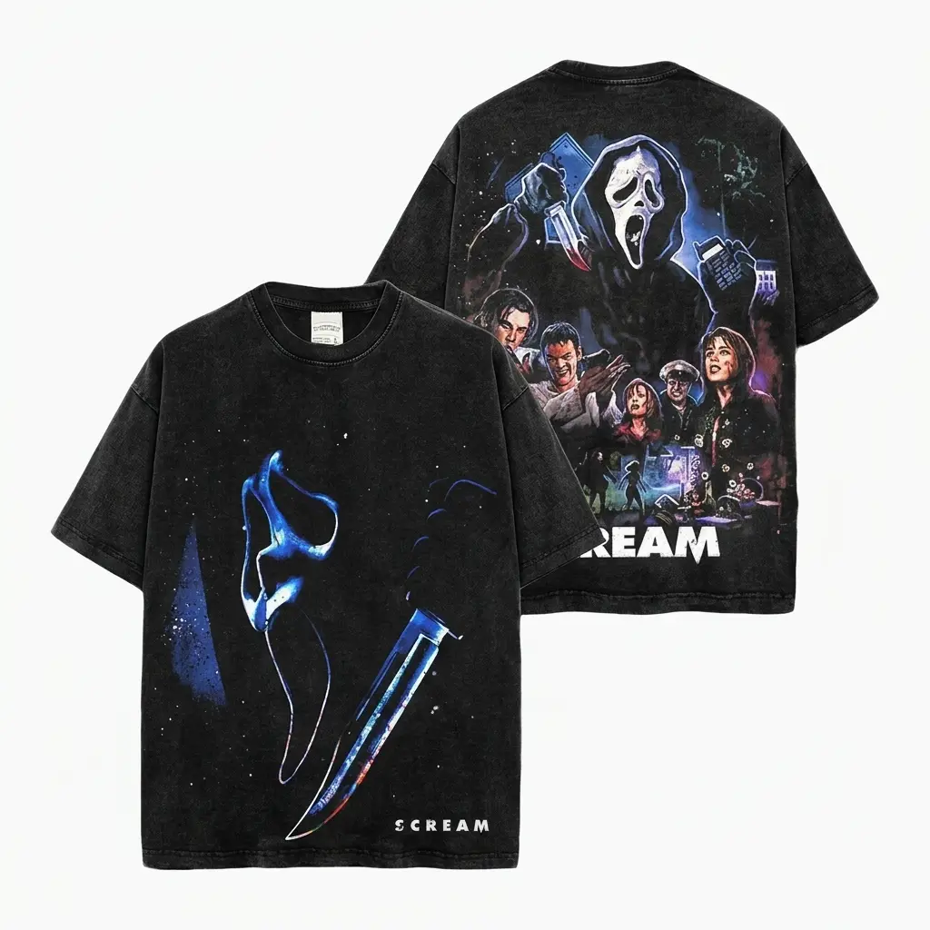 Ghostface - Scream Horror Movie Graphic Tee | Acid Wash Heavy Cotton Oversized Tshirt Men | Y2K Streetwear Unisex Heavyweight Cotton Top Retro Vintage Shirt