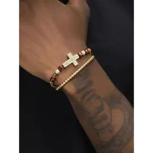 Men's Rhinestone Decorated Cross Beaded Bracelets, Casual Trendy Beaded Bracelets, Fashionable Jewelry for Daily & Party Decoration