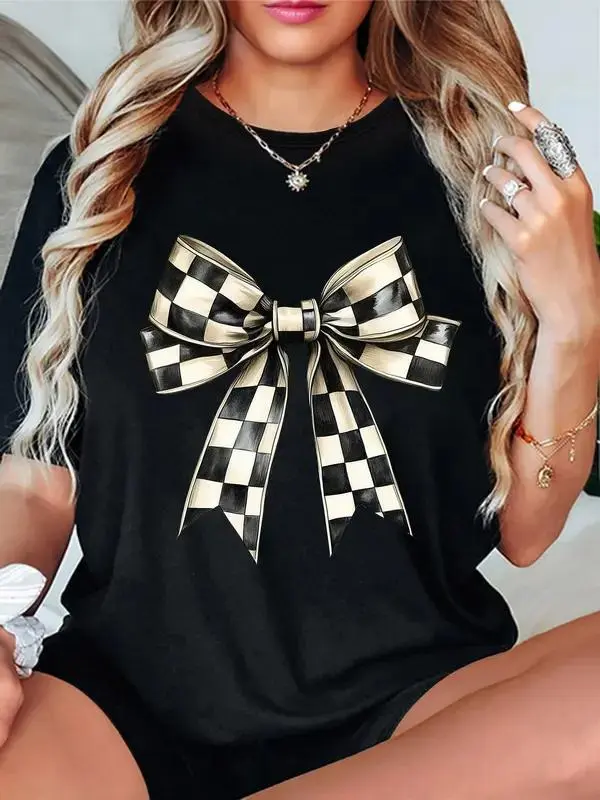 Women's Bow Print Round Neck Tee, Fashion Casual Crew Neck crew neck  T-shirt for Daily Wear, Ladies Clothes for All Seasons, Womenswear Cotton Top