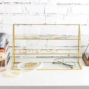 3-Tier Glass Jewelry Display Case with Gold-Tone Metal Frame