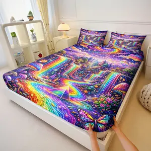 3Pcs Psychedelic Rainbow Fitted Sheet Set, Vibrant Fantasy Bedding Set with Glowing Mushroom and Waterfall Prints, Bedroom Decor, Perfect for Dreamy Sleep Experience!, Includes 2 Pillowcases, No Pillow Core