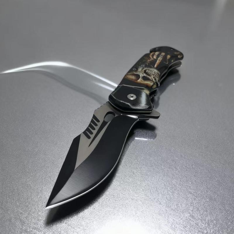 Stainless Steel High-Hardness Multi-Function Folding Knife with Skeleton Ghost Head Pattern, Portable Rope Knife and Glass Breaking Function, Unique Design, Perfect for Camping, Fishing, and Outdoor Exploration, Christmas and Halloween Gift