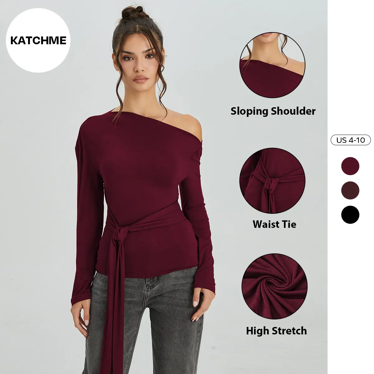 KatchMe Women's Leisure Solid Color Sloping Shoulder Tie-Up Breathable Long Sleeve Top, Elegant Soft Lightweight Outfit, Basic Casual Womenswear