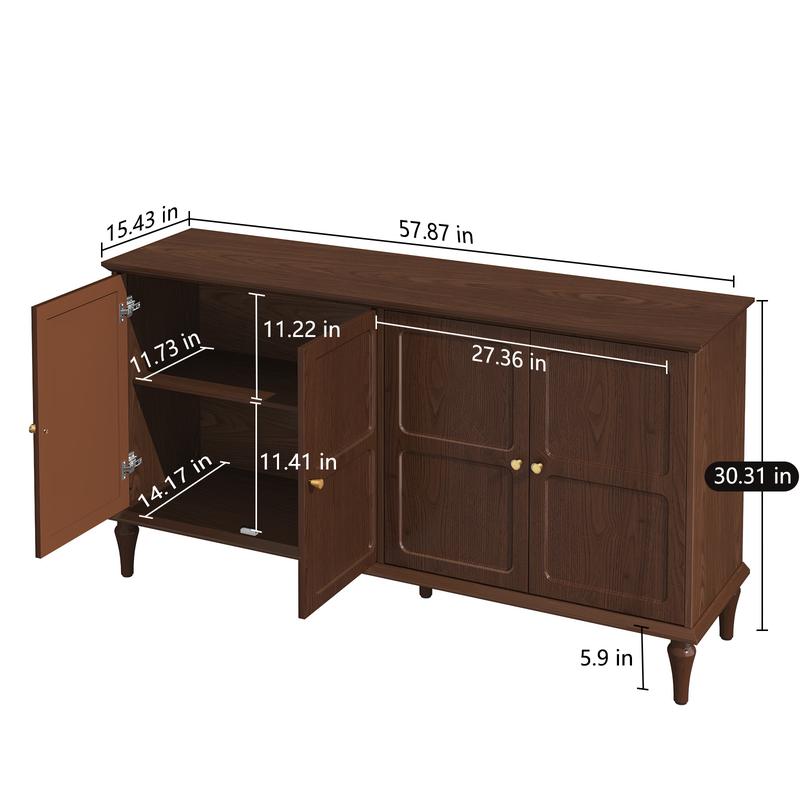 Mid-Century Modern Sideboard Buffet Cabinet, Walnut Wood 4-Door Storage Credenza, Large Capacity, Farmhouse Home Furniture, Entryway Living Room Dining Room, Scratch-Resistant Surface, Hidden Storage Organizer