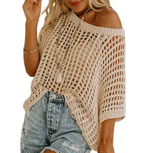 Women's summer crochet hollow sweater loose short sleeved pullover, suitable for beach cover and casual wear Spring DeclarationRAIMENTRY
