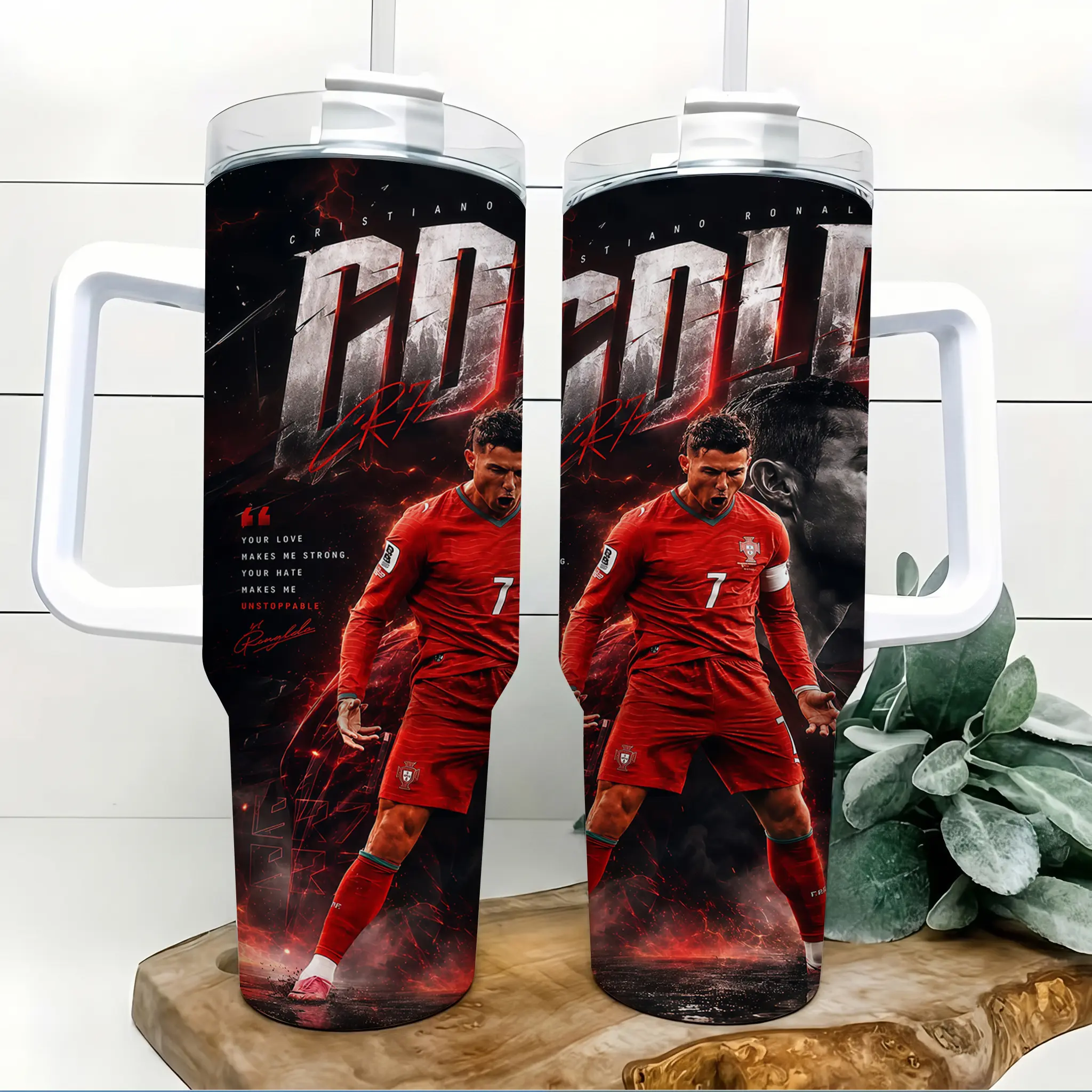 Cristiano Ronaldo CR7 40oz Tumbler with Handle and Straw, Red No.7 Soccer Legend Graphic Insulated Cup, Stainless Steel Travel Mug Water Bottle Coffee Cup for Sports Fans Gym Car Office Commute Birthday Gift