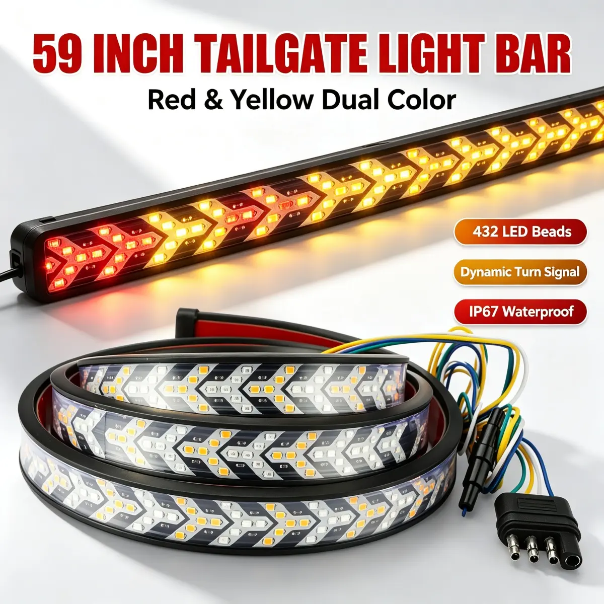 4-in-1 432 LED Truck Tailgate Light Bar, 59 Inch Flexible Silicone LED Sequential Flowing Turn Signal Strip, Red Amber Brake Running Hazard Light Waterproof Wind Snow Dust Prevention Tail Light Universal for Pickup SUV Trailer RV