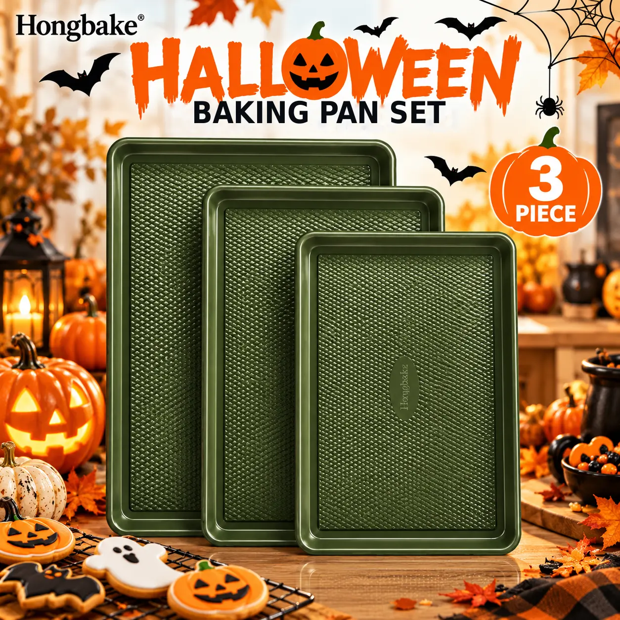 【Halloween Exclusive】HONGBAKE 3-Piece Rectangular Non-Stick Carbon Steel Bakeware Set - Diamond Texture, Teflon-Free, Heavy Gauge, 13-17.5in (13''x9'', 17.5''x12''), Star-Sky Shimmer, 450°F Heatready, for Cookies/Roasts, Oven Bakers, Kitchen Supplies Gift