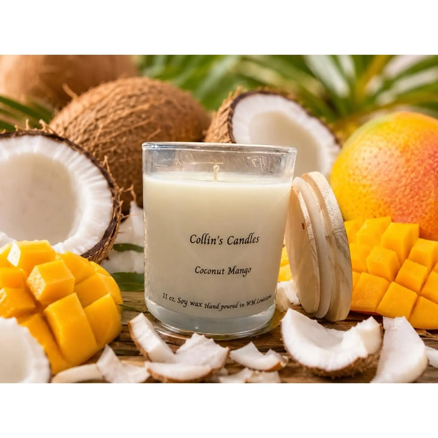 Collin's Candles Coconut Mango 11 oz Soy Wax candle.  Hand Poured in USA Aromatic Scented Candle
