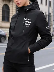 Women's Hooded Windbreaker Jacket "God Will Never Fail You" Print Outdoor Windproof Jacket Multi-Color Options Stand Collar Loose All-Season Warm Wind Coat Ideal for Daily Commute Hiking Climbing Wear Soft Comfortable Breathable Machine Washable