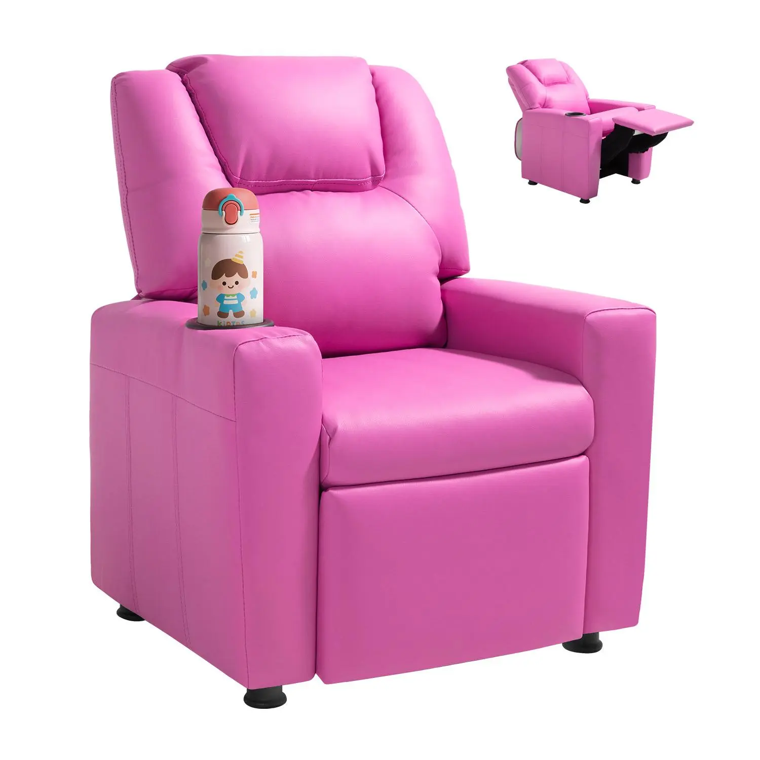 【SummerFinds】VEVOR Kids Ergonomically Adjustable Recliner Chair, Comfy Reading Chair with Cup Holder, 101°-121° Backrest & Footrest, Easy-Clean PU Leather, 90 lbs Load Capacity, for Living Rooms & Playrooms (Pink)