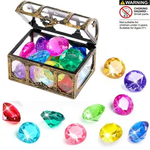 Random Color Diving Gems Pool Toys, 10pcs Colorful Diamond & 1pc Pirate Treasure Chest, Swim Dive Toy for Kids, Underwater Gemstone Swimming Training Gift