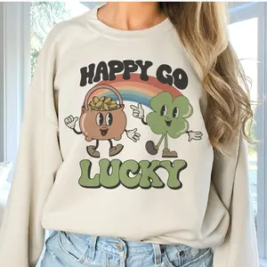 Retro Happy Go Lucky Sweatshirt St Patricks Day Lucky Pullover Vintage Happy Got Lucky Hoodie Womens St. Pattys Sweatshirt Retro Lucky St Patrick Days Sweatshirt Casual Cotton